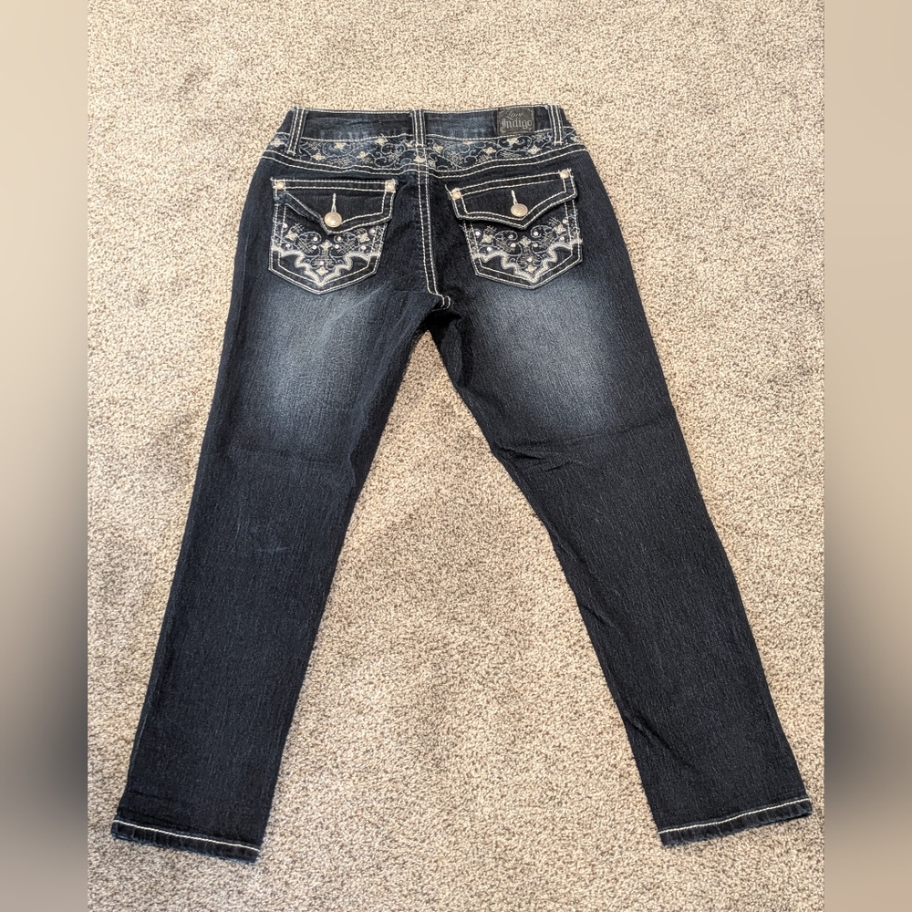 Women's Love Indigo Dark Wash Capris Denim Blue Jeans Stretch Sz: 4 Design Pants